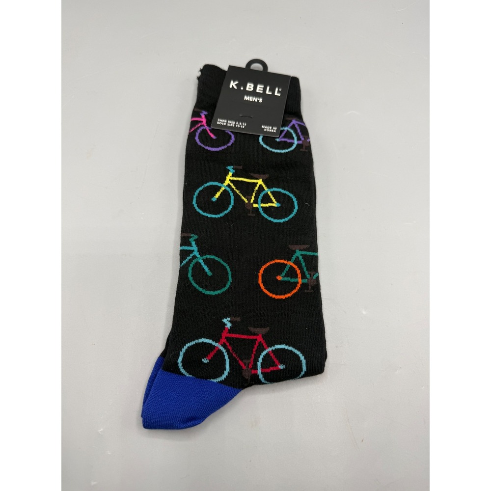 K. Bell Mens Bicycle Crew Socks Black Multi Color Novelty Bike 1013